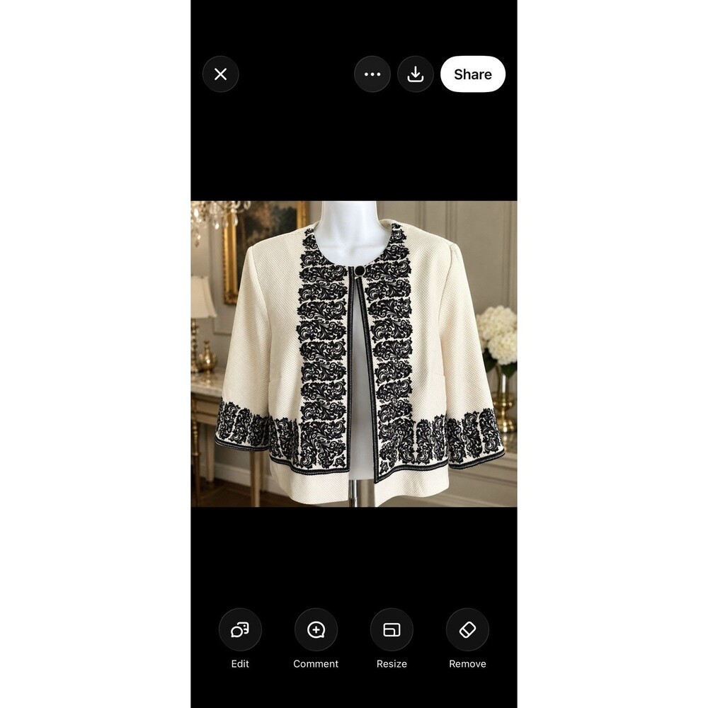 Danny & Nicole Women’s 14 Ivory Black Embroidered Textured Open Front Jacket